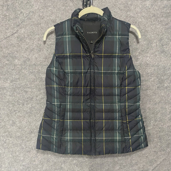 Talbots Tartan Plaid Down Puffer Vest Womens Sz‎ S Black Green Lined Pockets - Picture 1 of 7
